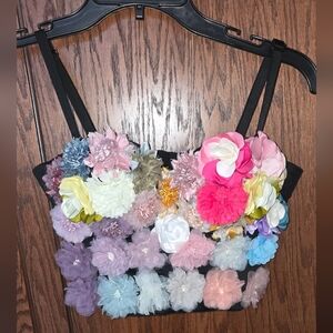 Floral Embellished Black Corset Crop Top